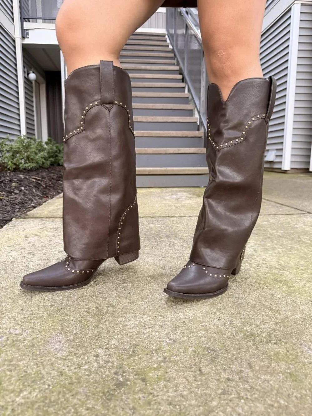 Women's Chocolate Polyurethane (PU) Studded Fold Over Knee High Chunky Heel Boot